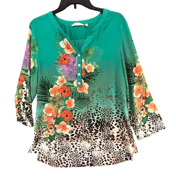 Soft Surroundings Tunic Top Women M Green Floral Sheer Blouse Resort Tropical - Picture 1 of 13
